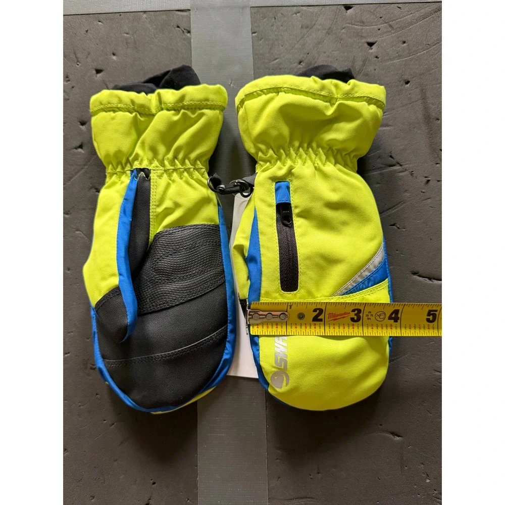 Swany Kids Ski Mittens Neon Green Blue Black Winter Snow Mitts Zipper Pocket